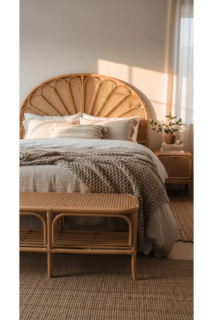17+ Warm Bedroom Aesthetic Ideas for a Cozy Atmosphere 6 Rattan and Cane Details for Organic Texture