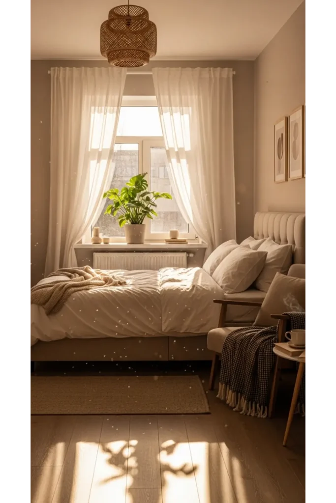 17+ Warm Bedroom Aesthetic Ideas for a Cozy Atmosphere 8 Sheer Curtains for Filtered Light
