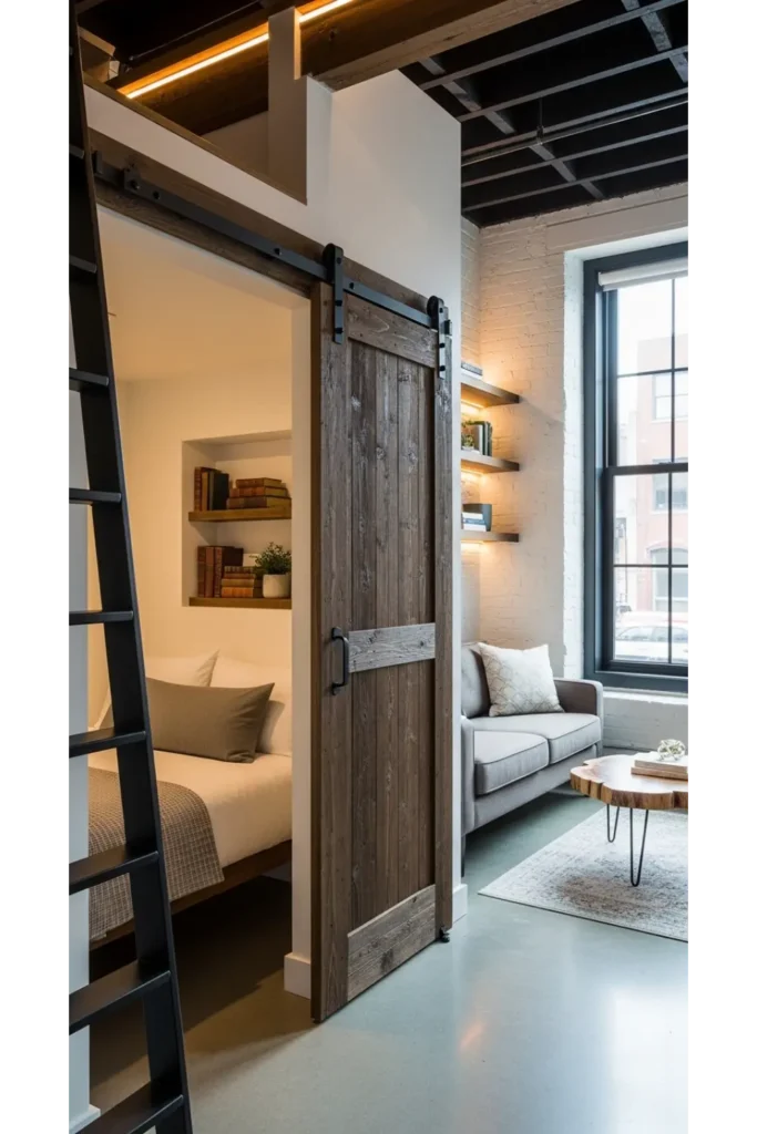 24 Tiny Loft Concepts for Small Budgets 9 Sliding Barn Door Divider