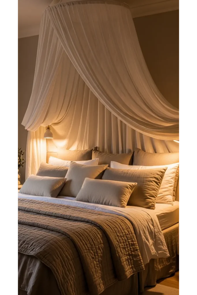 17+ Warm Bedroom Aesthetic Ideas for a Cozy Atmosphere 13 Soft Canopy or Bed Draping