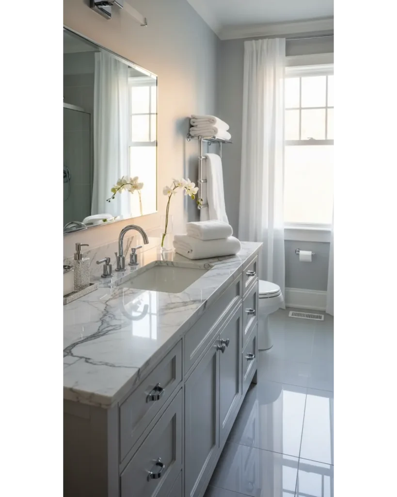 22+ Bathroom Aesthetic Ideas for Relaxing Space 18 Soft Gray Calm Retreat