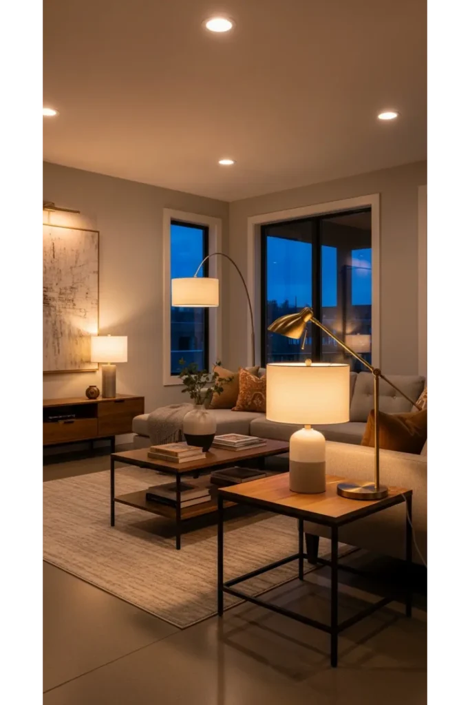 23+ Modern Living Room Decor Ideas for Sleek Homes 19 Soft Layered Lighting