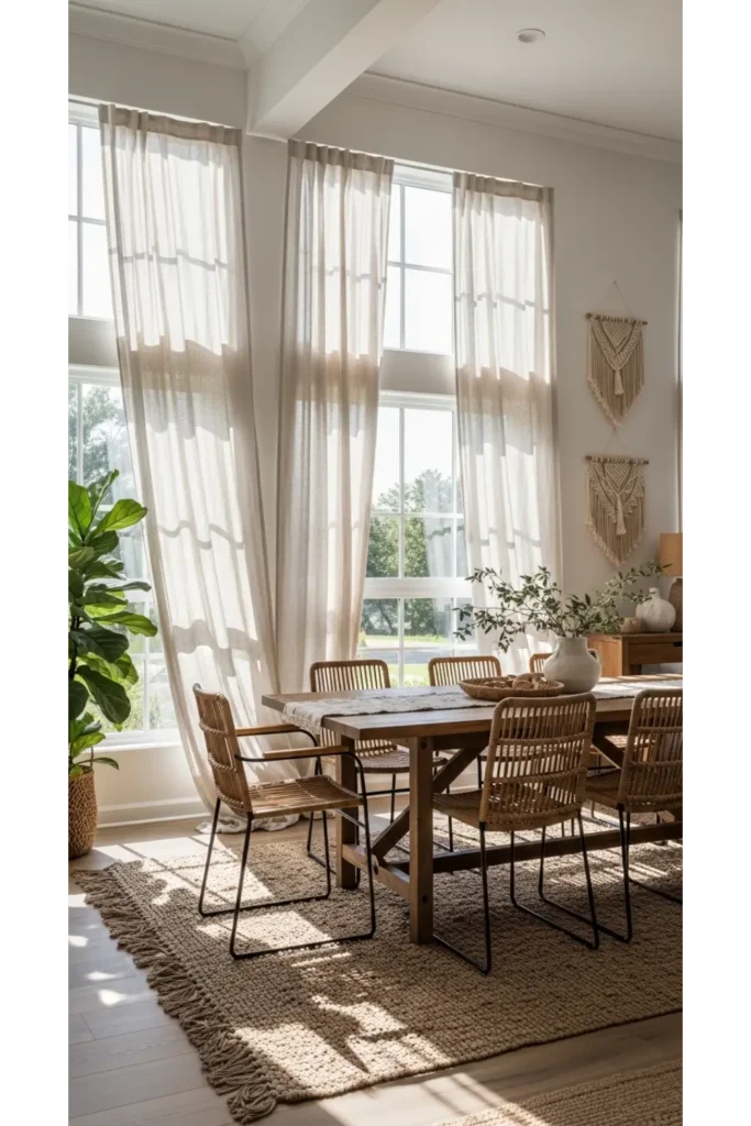 22+ Boho Dining Room Inspirations Relaxed Chic Vibes 15 Soft Light Control With Airy Window Styling