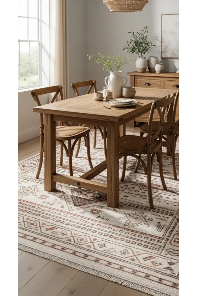 22+ Boho Dining Room Inspirations Relaxed Chic Vibes 8 Soft Rugs Under The Dining Table