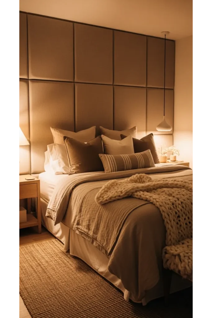 17+ Warm Bedroom Aesthetic Ideas for a Cozy Atmosphere 12 Soft Upholstered Wall Panels for Added Comfort