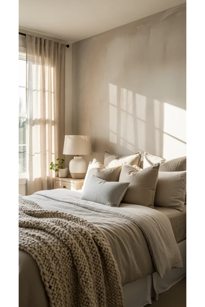 17+ Warm Bedroom Aesthetic Ideas for a Cozy Atmosphere 11 Textured Accent Wall With Limewash or Warm Plaster