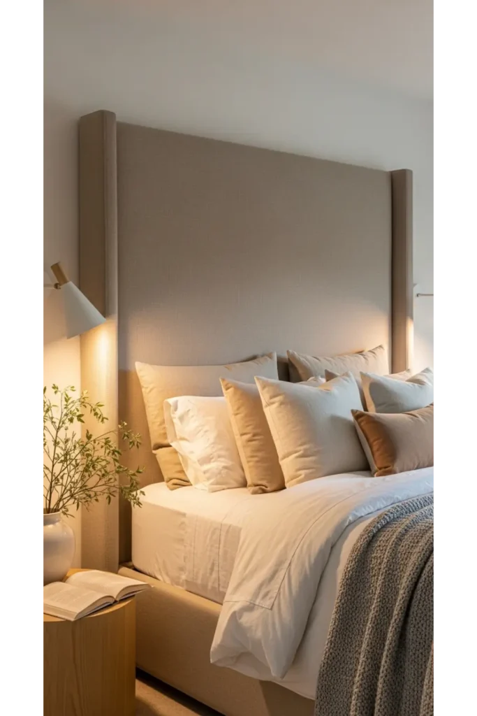 17+ Warm Bedroom Aesthetic Ideas for a Cozy Atmosphere 5 Upholstered Statement Headboard