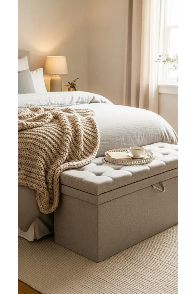 17+ Warm Bedroom Aesthetic Ideas for a Cozy Atmosphere 17 Upholstered Storage Bench