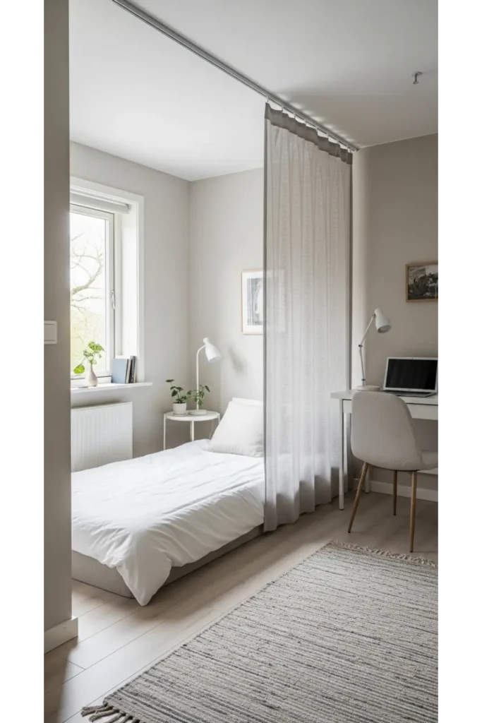 22 Small Bedroom Ideas to Maximize Comfort and Space 11 Use Ceiling Mounted Curtains for Zoning