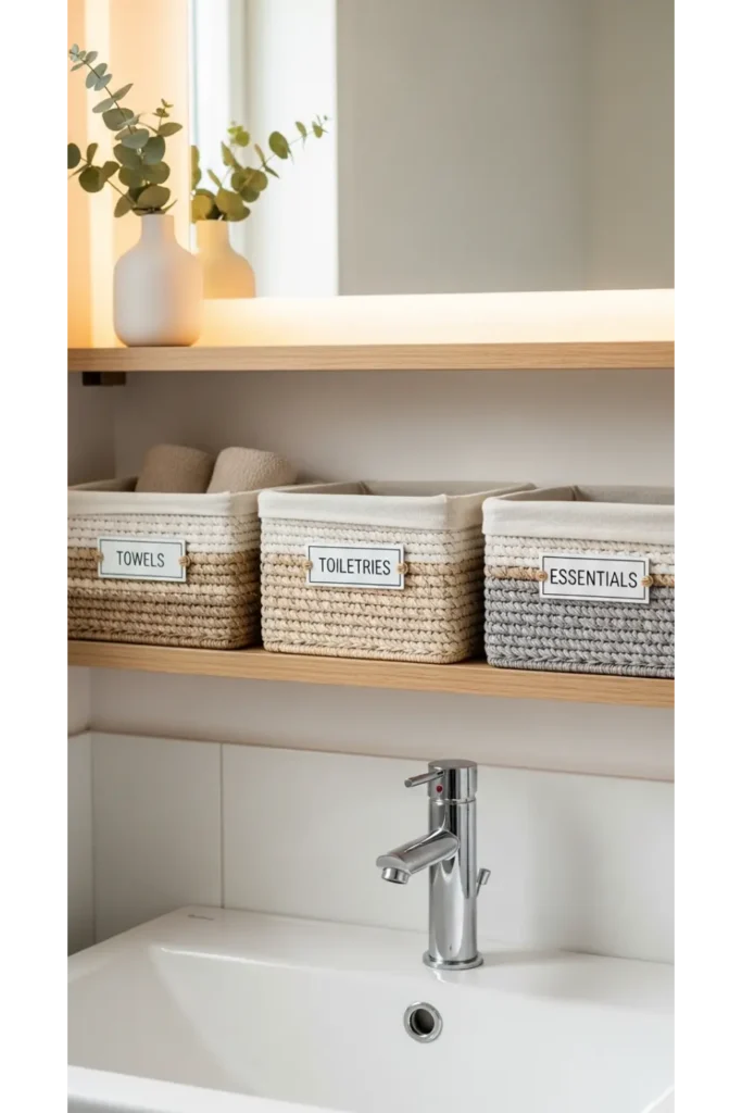24+ Bathroom Organization Hacks for a Clutter-Free Space 10 Use Matching Storage Baskets for Visual Calm