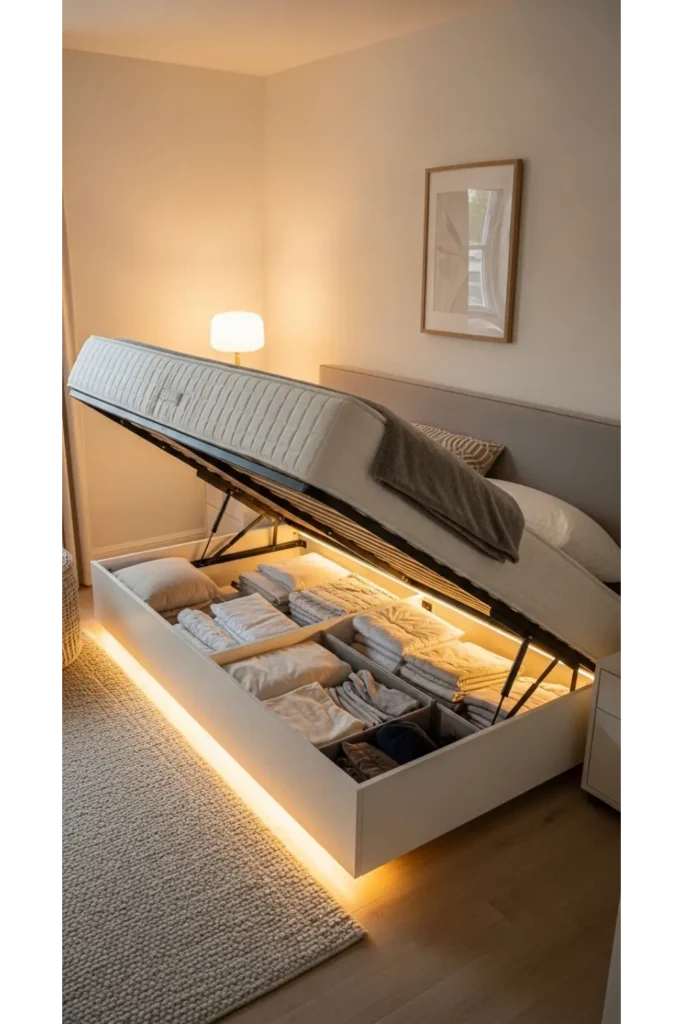 22 Small Bedroom Ideas to Maximize Comfort and Space 2 Use a Lift Storage Bed for Hidden Capacity
