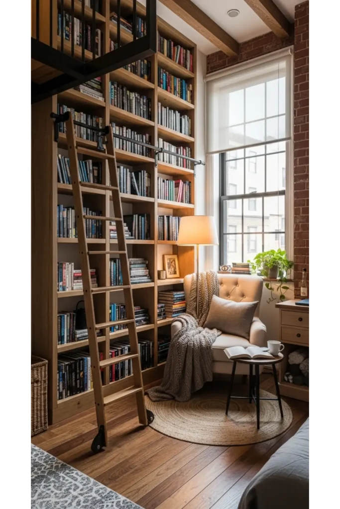 24 Tiny Loft Concepts for Small Budgets 8 Vertical Library Wall Loft