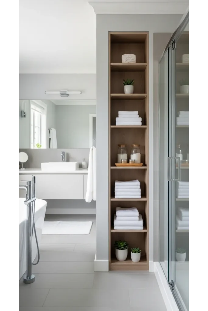 Vertical Storage Tower Between Vanity and Shower