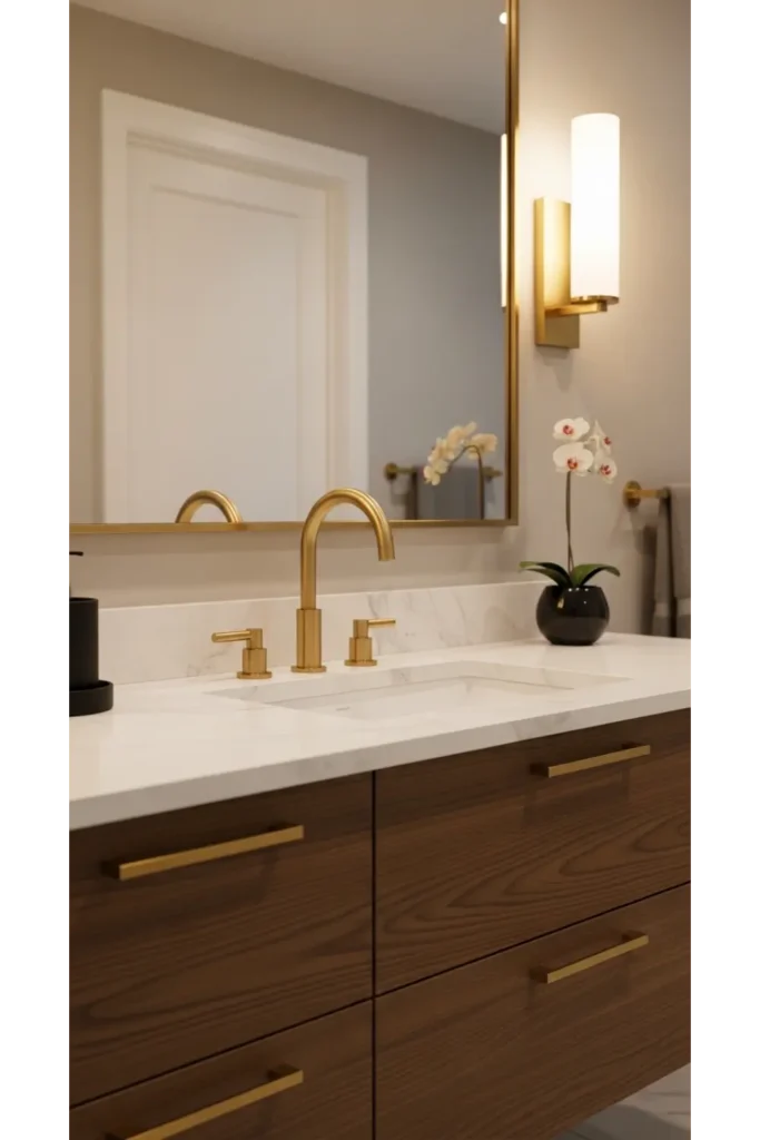 20+ Modern Bathroom Design Inspirations for Sleek Homes 18 Warm Metallic Hardware Focus