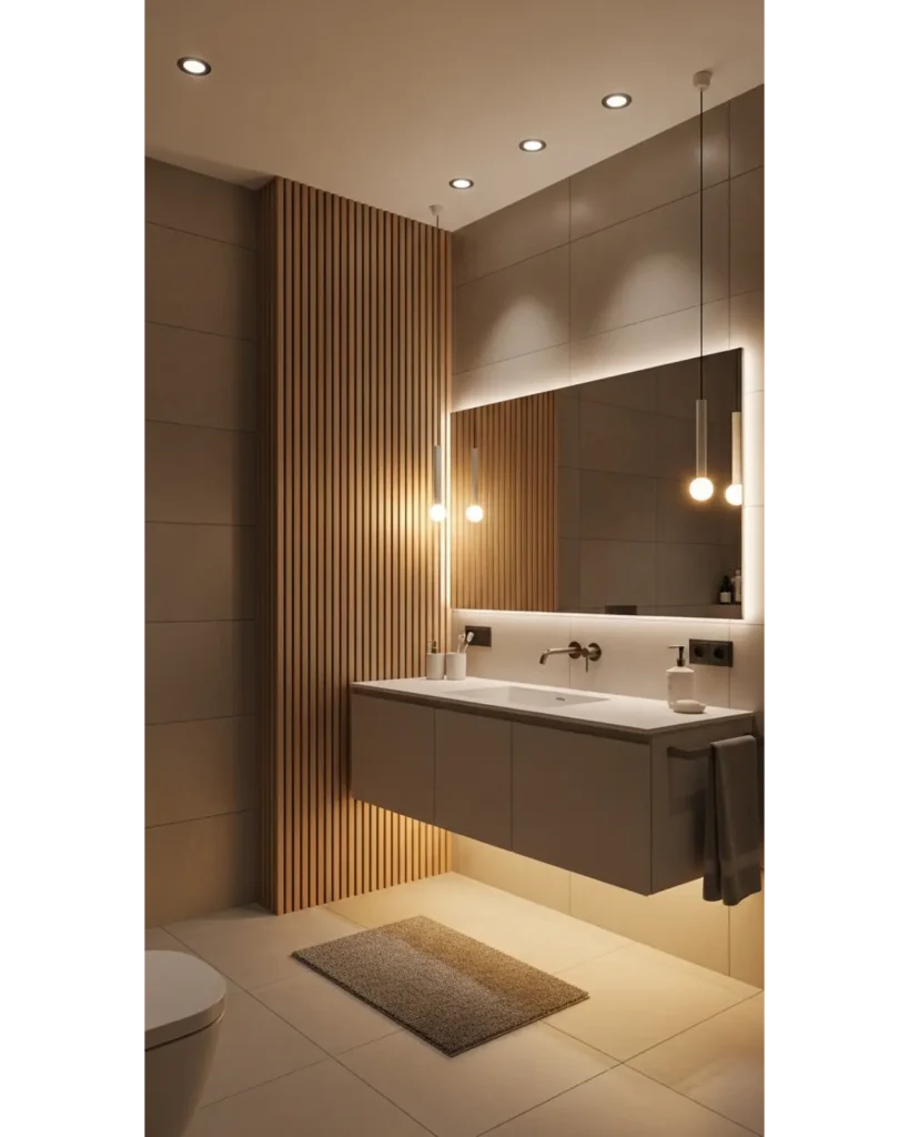 22+ Bathroom Aesthetic Ideas for Relaxing Space 17 Warm Wood Panel Accent