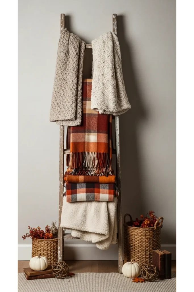 23 farmhouse fall decor ideas for cozy homes 11 Antique Ladder Blanket Display