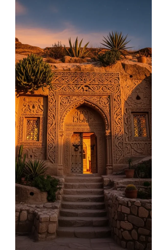 Cave Homes Ideas 23: Stunning & Cozy Living 23 Artistic Carved Facade Cave Home