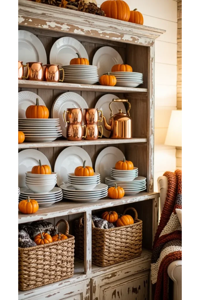 23 farmhouse fall decor ideas for cozy homes 19 Autumn Styled Open Hutch