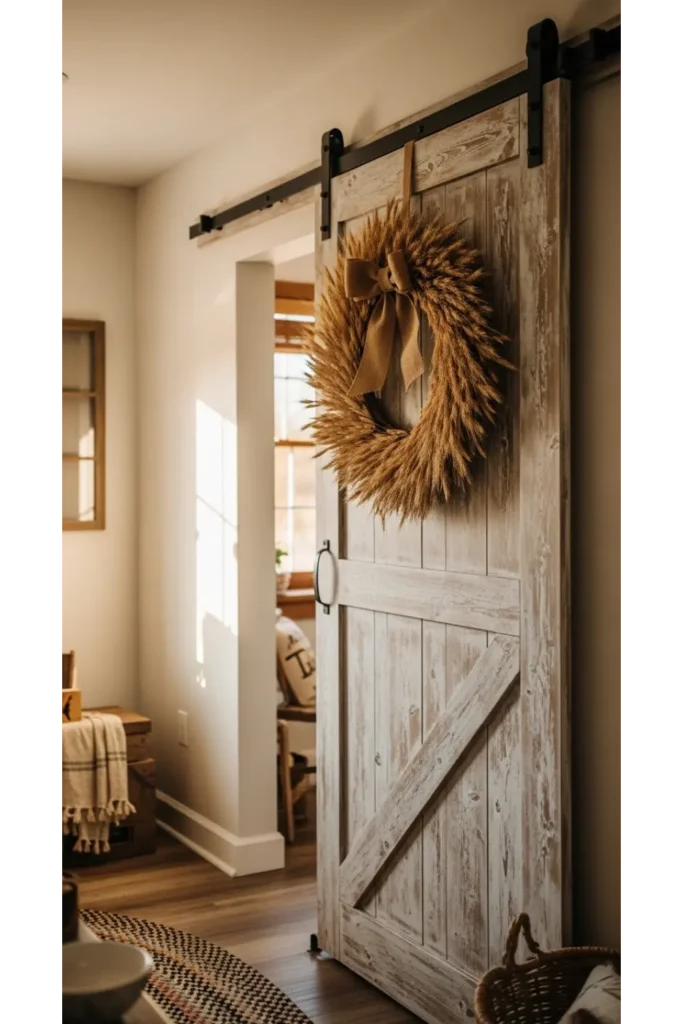 23 farmhouse fall decor ideas for cozy homes 13 Barn Door Accent With Fall Wreath