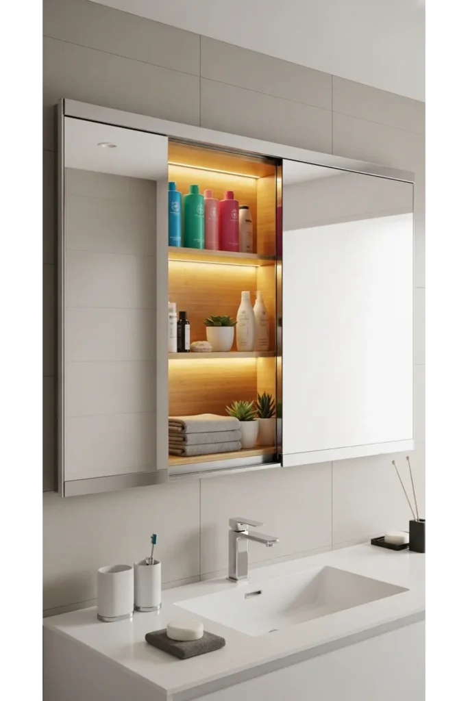 23 Tiny Bathroom Storage Ideas to Maximize Space 19 Behind Mirror Hidden Shelf