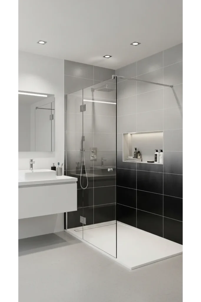 23 Modern Black Bathroom Shower Ideas That Feel Luxe & Bold 18 Black And Grey Gradient Tiles