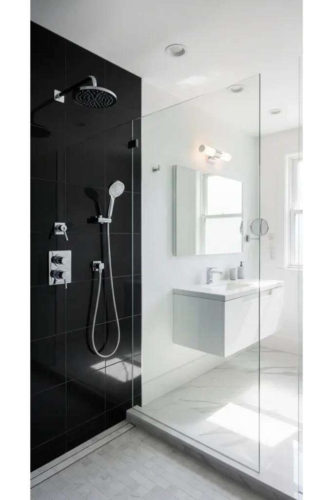 23 Modern Black Bathroom Shower Ideas That Feel Luxe & Bold 14 Black And White Contrast Shower