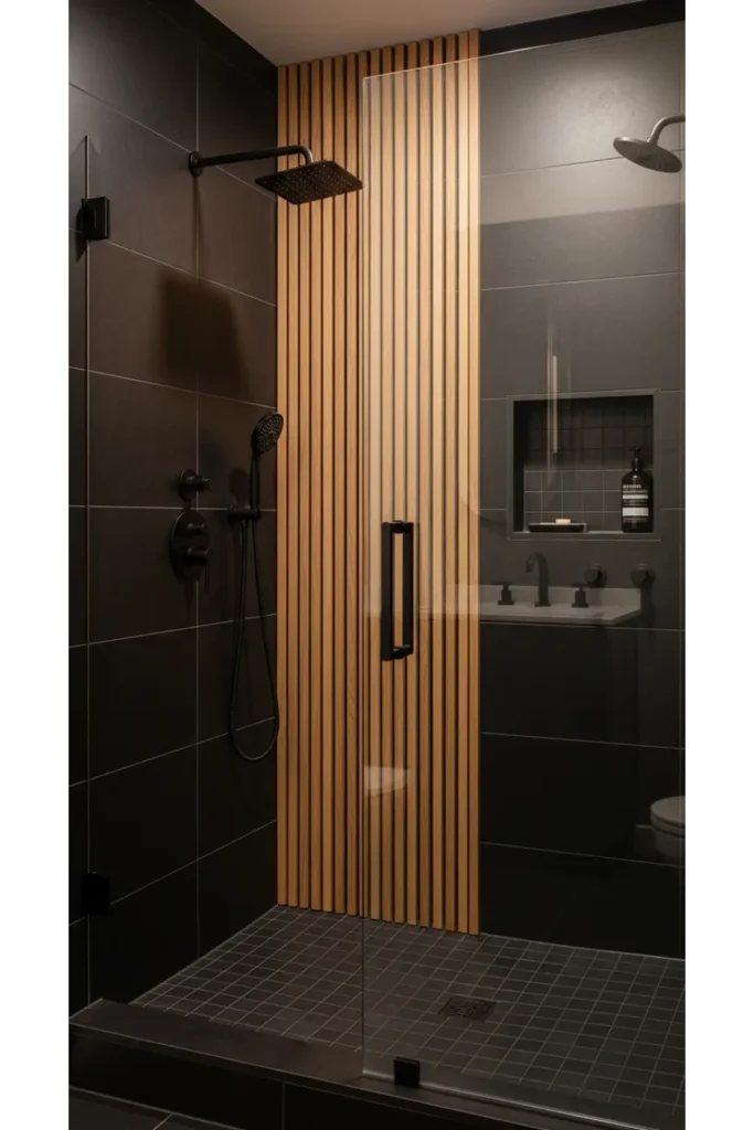 23 Modern Black Bathroom Shower Ideas That Feel Luxe & Bold 6 Black And Wood Slat Accent Shower