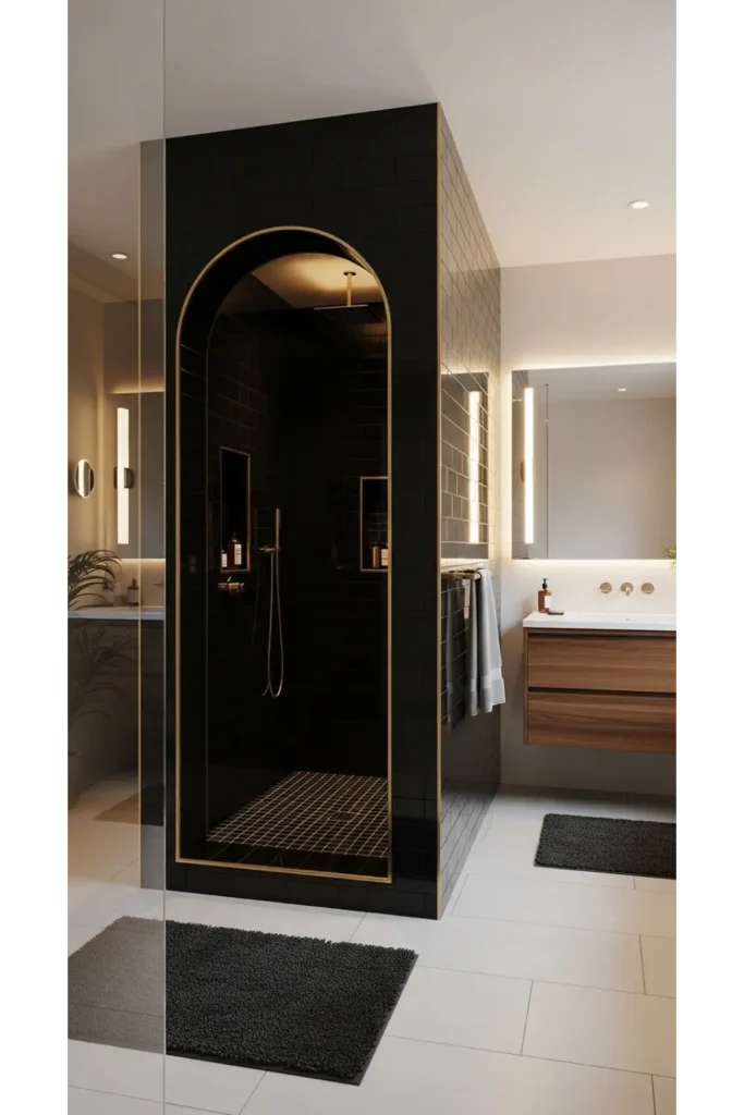 23 Modern Black Bathroom Shower Ideas That Feel Luxe & Bold 22 Black Arched Shower Entry