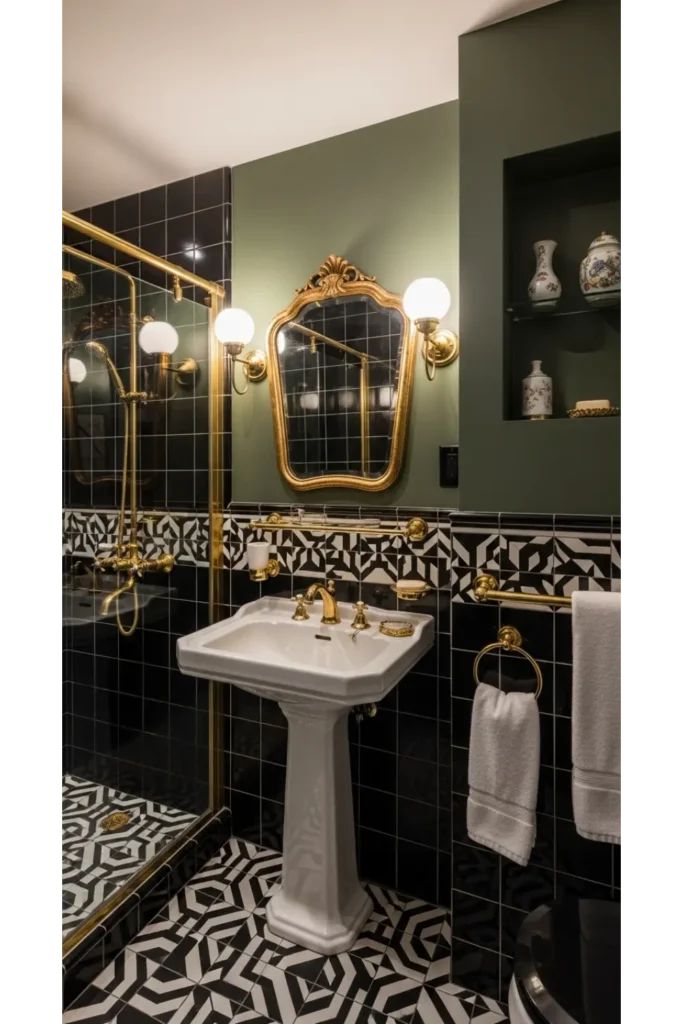 21+ Small All Black Bathroom Ideas That Look Luxurious 14 Black Art Deco Bathroom