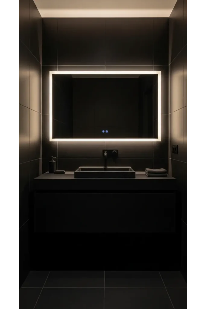 21+ Small All Black Bathroom Ideas That Look Luxurious 22 Black Backlit Mirror Bathroom