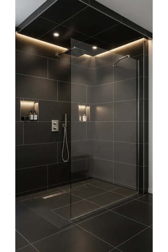 23 Modern Black Bathroom Shower Ideas That Feel Luxe & Bold 23 Black Ceiling And Walls Shower