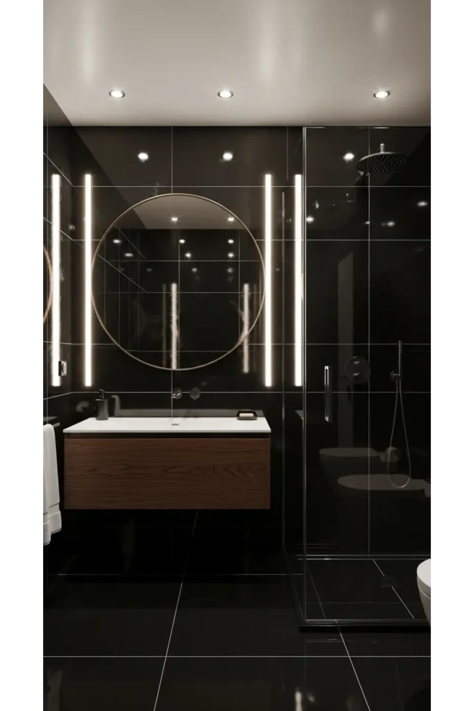 21+ Small All Black Bathroom Ideas That Look Luxurious 23 Black Ceiling to Floor Tile Design