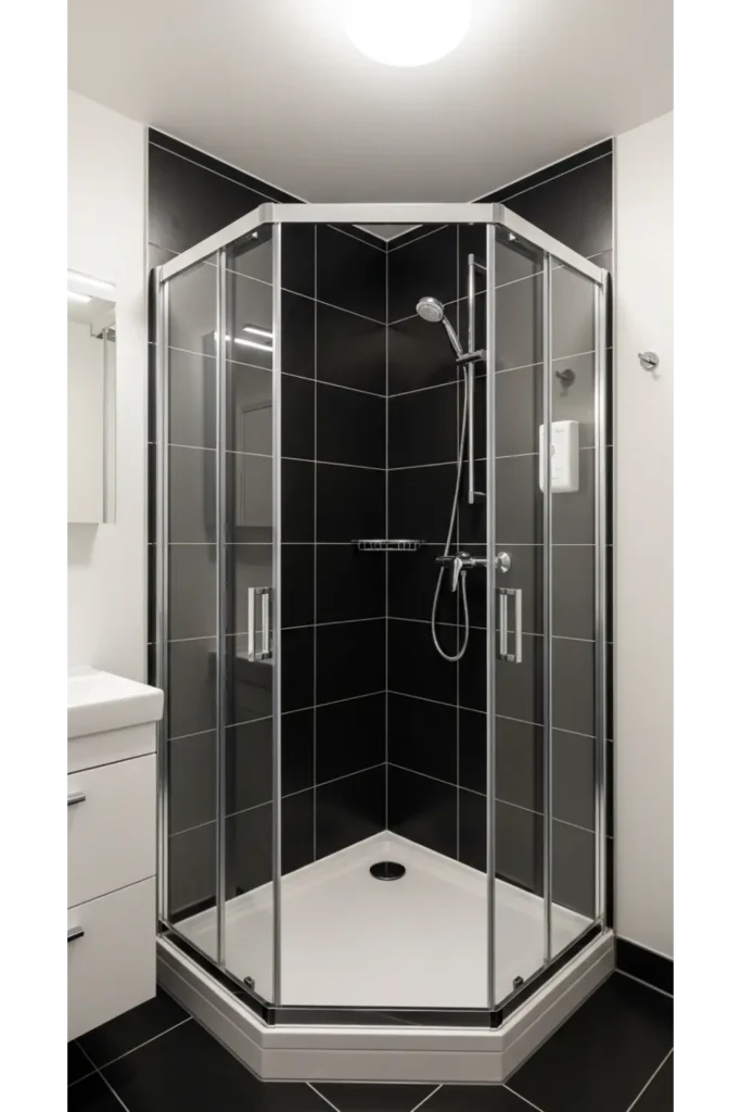 23 Modern Black Bathroom Shower Ideas That Feel Luxe & Bold 15 Black Frameless Glass Corner Shower