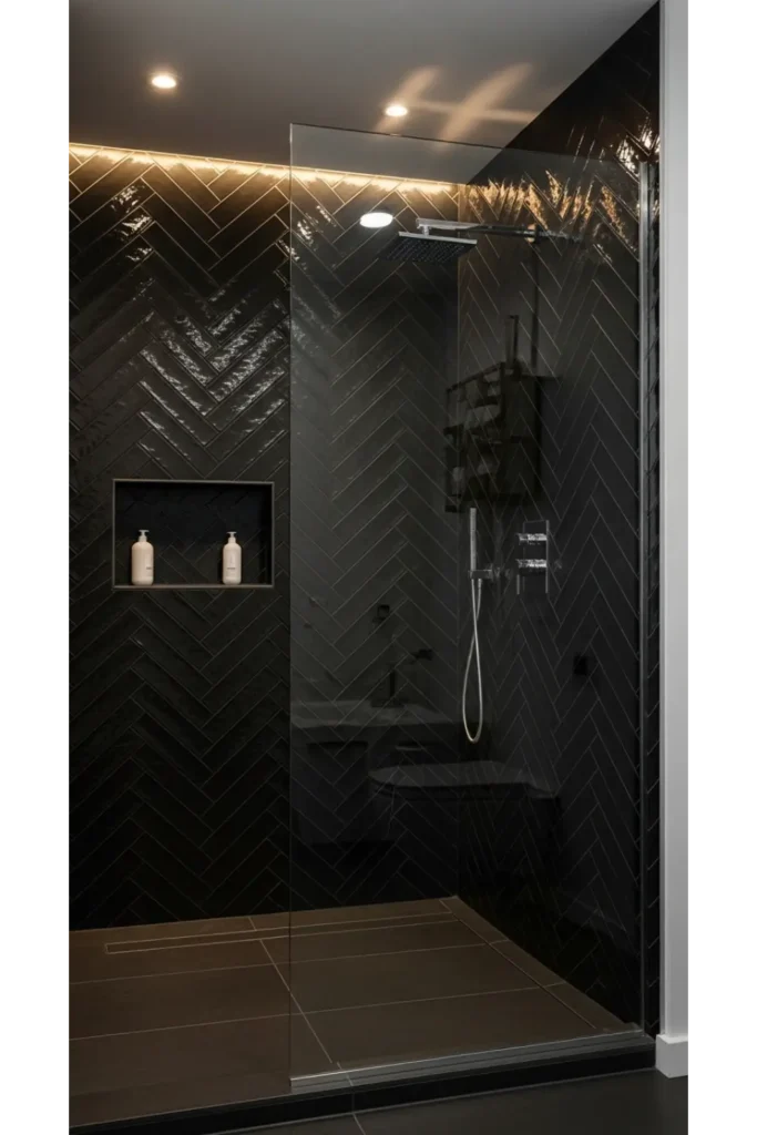 23 Modern Black Bathroom Shower Ideas That Feel Luxe & Bold 11 Black Herringbone Tile Shower