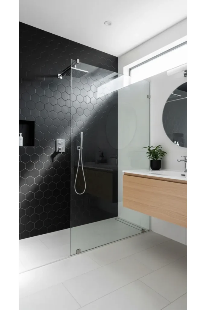 23 Modern Black Bathroom Shower Ideas That Feel Luxe & Bold 9 Black Hexagon Tile Feature Wall