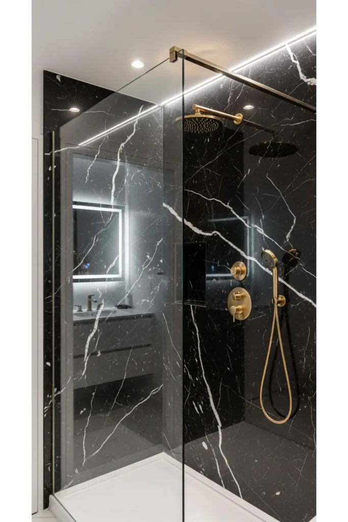 23 Modern Black Bathroom Shower Ideas That Feel Luxe & Bold 3 Black Marble Statement Shower