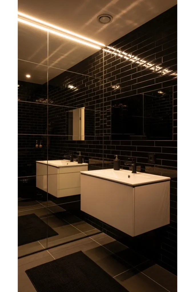 21+ Small All Black Bathroom Ideas That Look Luxurious 19 Black Mirror Wall Effect
