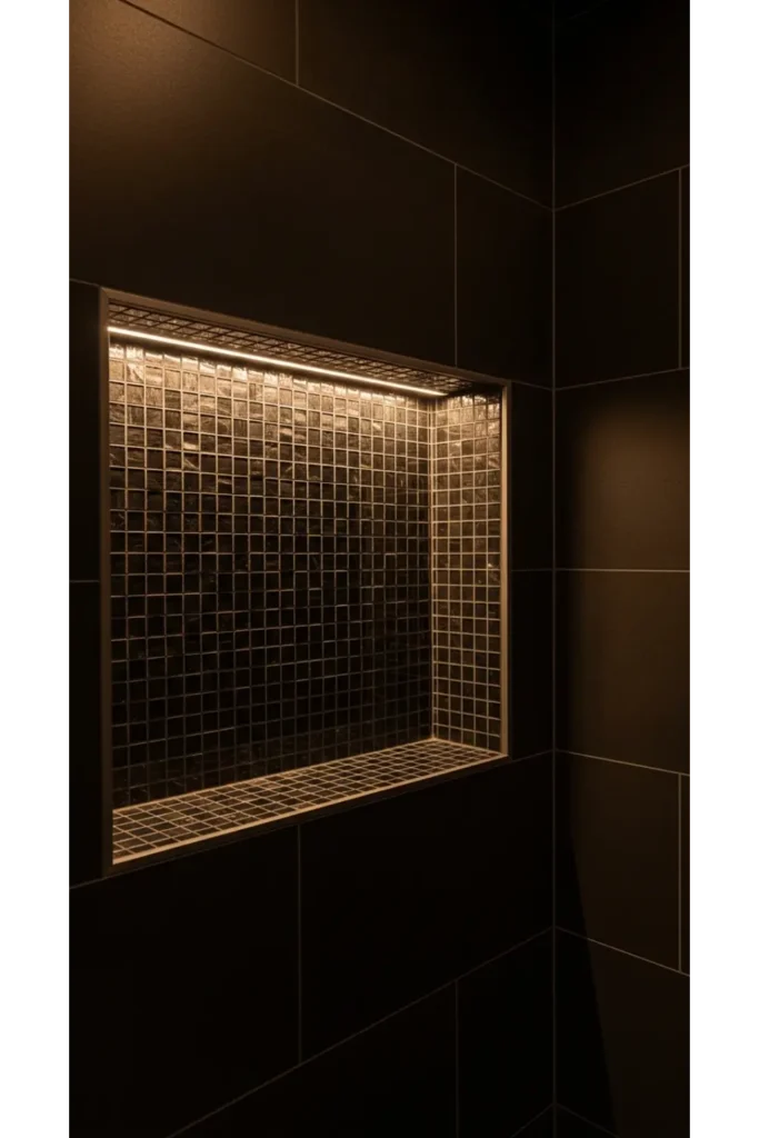 23 Modern Black Bathroom Shower Ideas That Feel Luxe & Bold 13 Black Mosaic Accent Niche