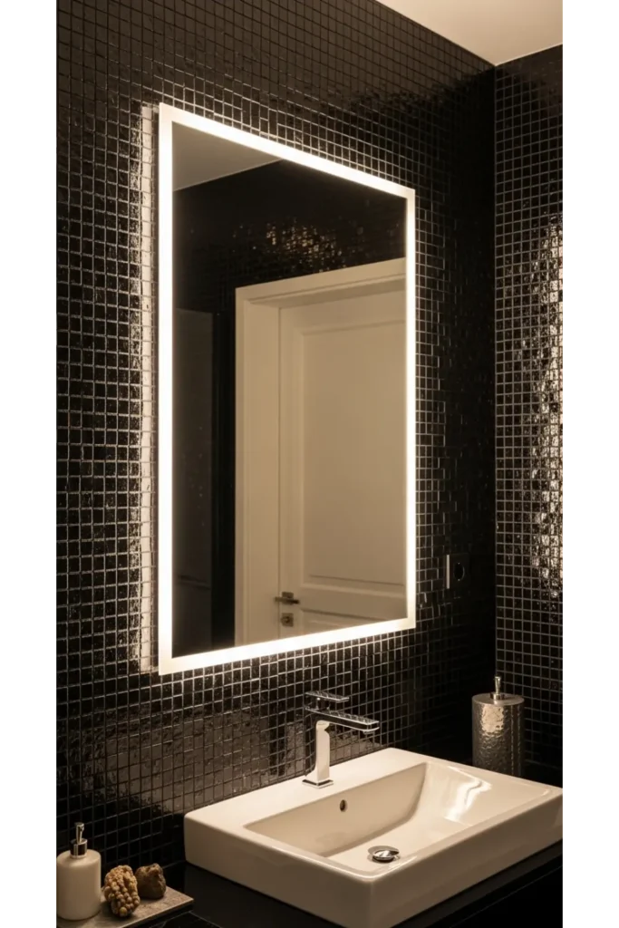 21+ Small All Black Bathroom Ideas That Look Luxurious 12 Black Mosaic Feature Wall