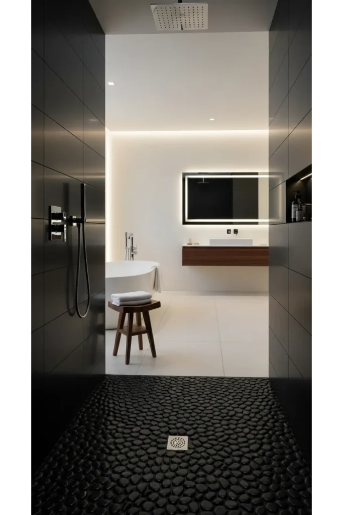 23 Modern Black Bathroom Shower Ideas That Feel Luxe & Bold 20 Black Pebble Floor Shower