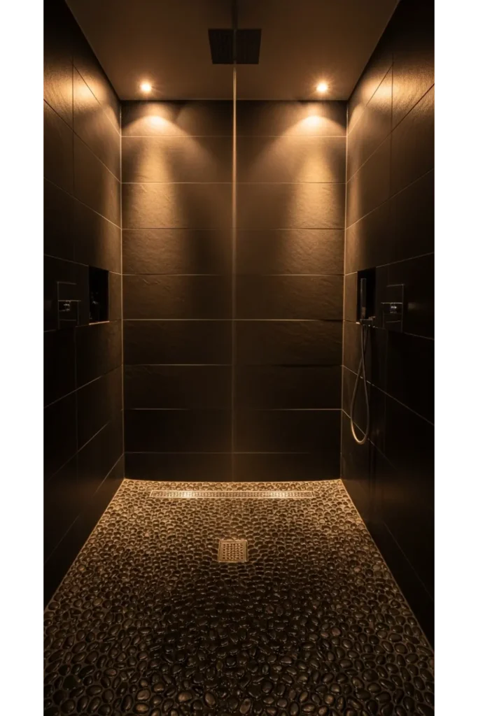 21+ Small All Black Bathroom Ideas That Look Luxurious 20 Black Pebble Shower Floor
