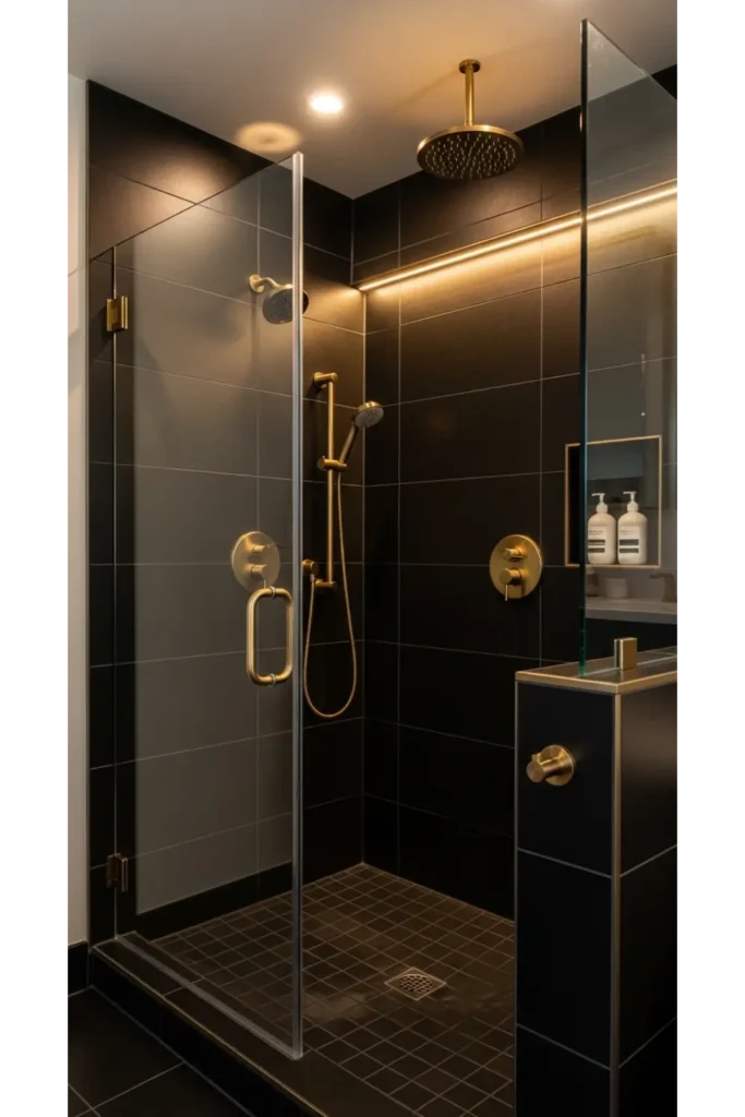 23 Modern Black Bathroom Shower Ideas That Feel Luxe & Bold 8 Black Shower With Gold Accents