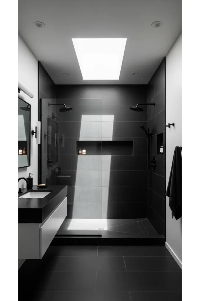 23 Modern Black Bathroom Shower Ideas That Feel Luxe & Bold 17 Black Shower With Skylight