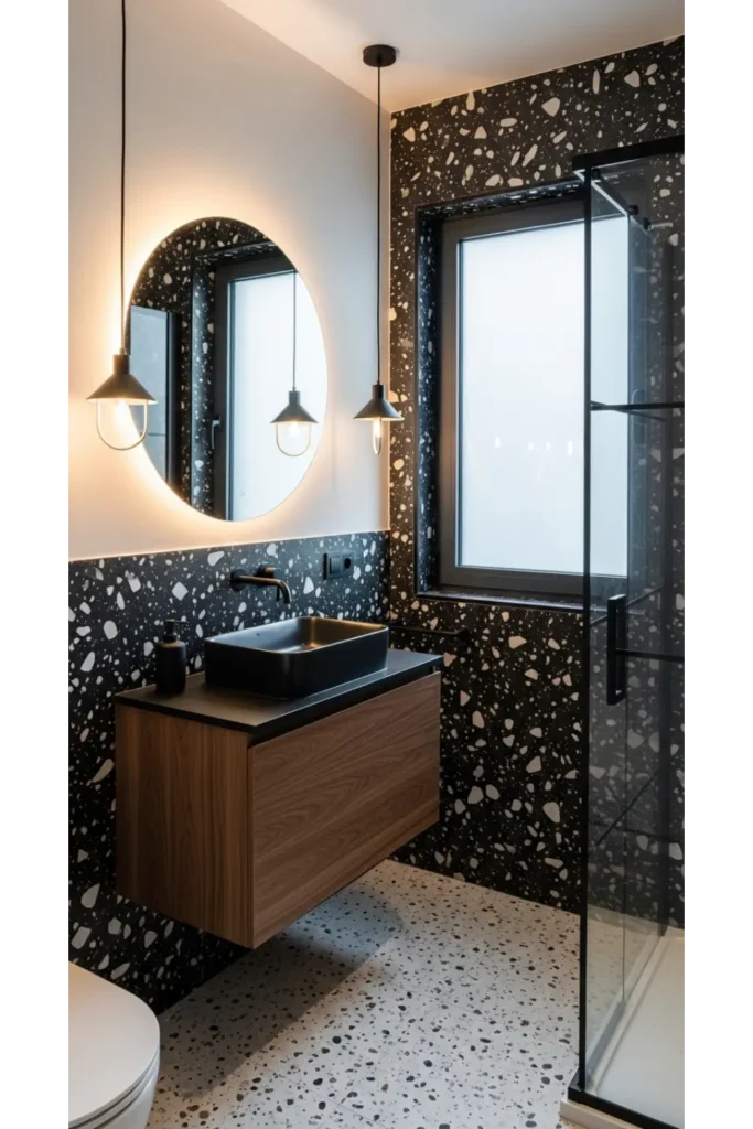 21+ Small All Black Bathroom Ideas That Look Luxurious 11 Black Terrazzo Bathroom