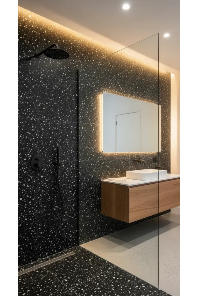 23 Modern Black Bathroom Shower Ideas That Feel Luxe & Bold 12 Black Terrazzo Shower
