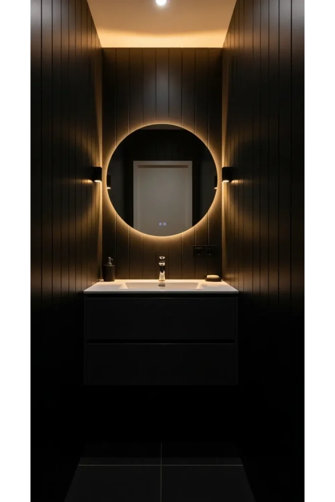 21+ Small All Black Bathroom Ideas That Look Luxurious 21 Black Vertical Panel Walls