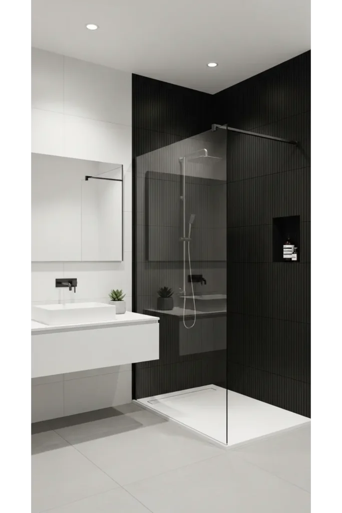 23 Modern Black Bathroom Shower Ideas That Feel Luxe & Bold 16 Black Vertical Tile Illusion