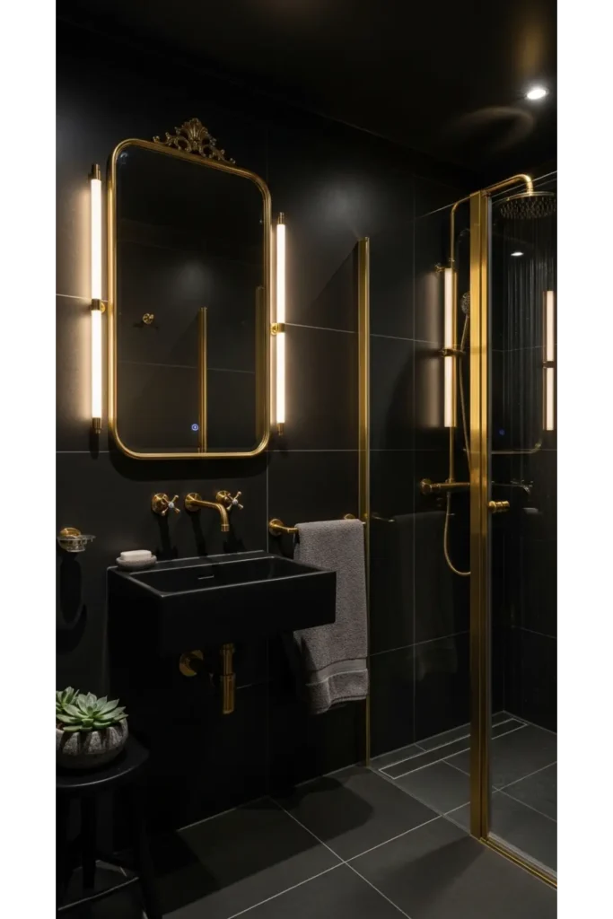 21+ Small All Black Bathroom Ideas That Look Luxurious 16 Black and Brass Luxury Bathroom