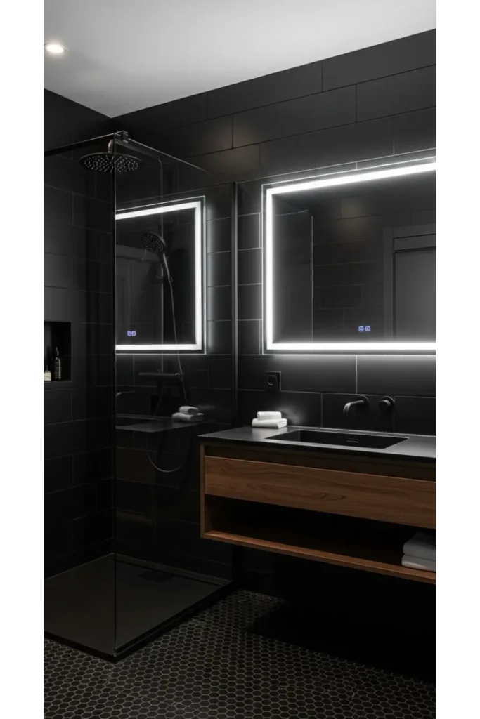 21+ Small All Black Bathroom Ideas That Look Luxurious 9 Black and Glass Modern Bathroom