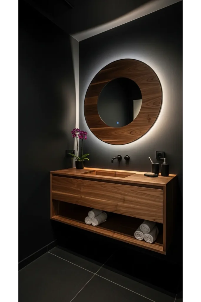 21+ Small All Black Bathroom Ideas That Look Luxurious 5 Black and Wood Contrast